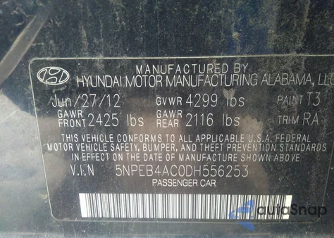 2013 Hyundai Sonata Gls z USA, uszkodzony, nr VIN 5NPEB4AC0DH556253